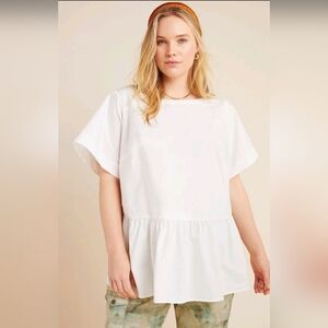 ANTHROPOLOGIE MAEVE Women's 1X White Peplum Blouse Top Short Sleeve Shirt Cotton